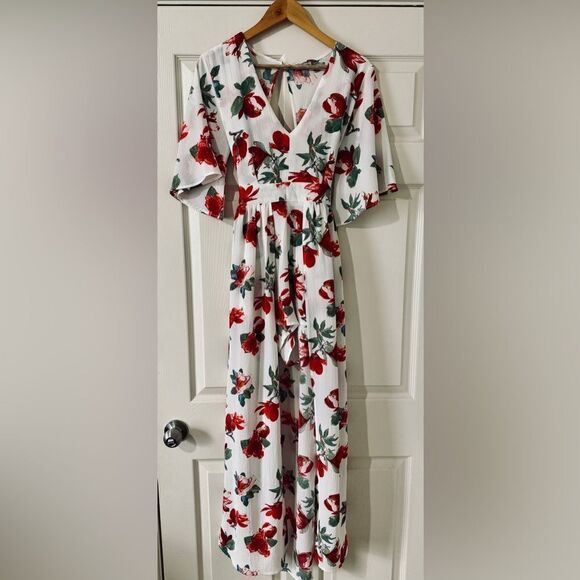 J for Justify Maxi Dress Shorts Romper Size M White Floral Romantic Bell Sleeve - Picture 1 of 8